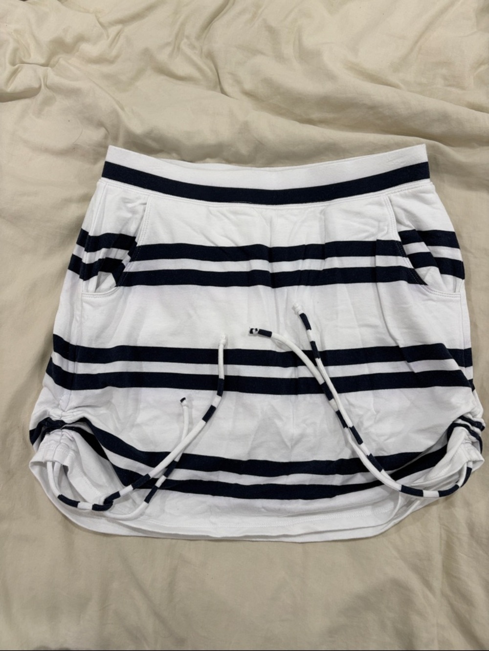 crown & ivy White and Navy Striped Drawstring Skirt